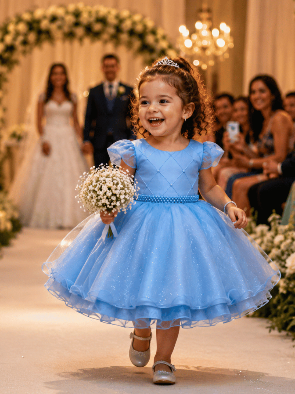 Vestido infantil azul com saia volumosa