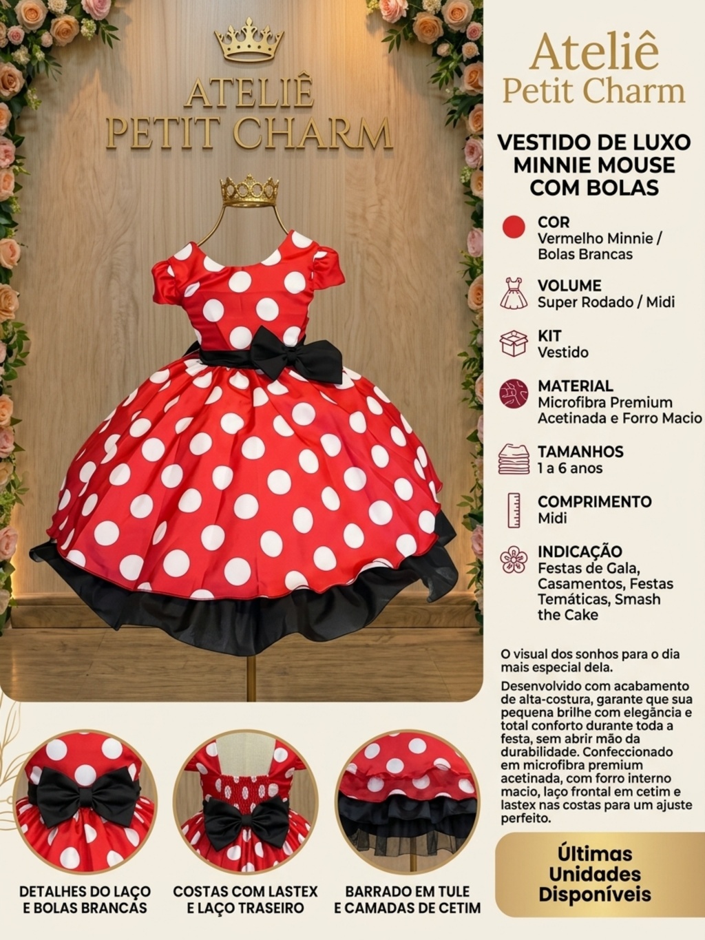 Vestido Minnie festa rosa com bolinhas brancas