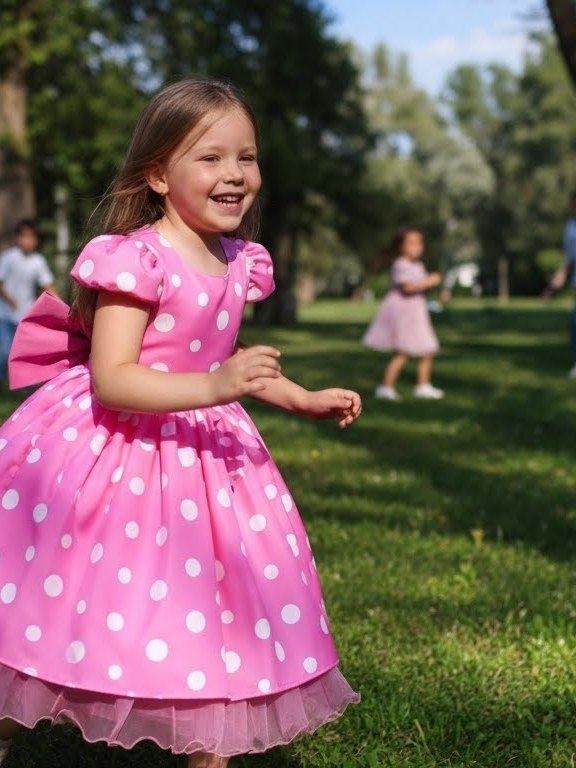 Vestido infantil Minnie rosa com bolinhas brancas