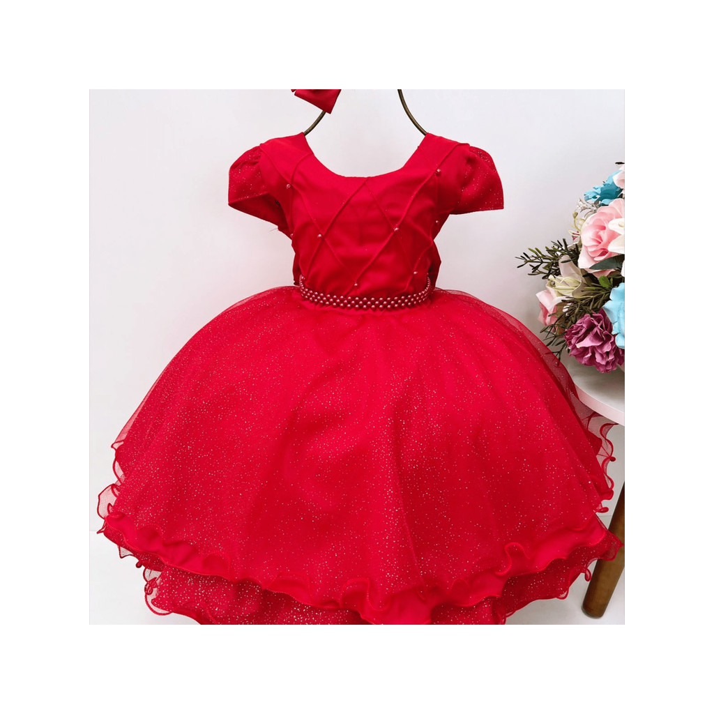 Vestido infantil vermelho drapeado com pérolas